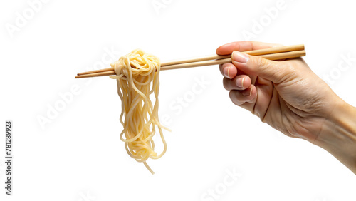 Hand holding chopsticks eating noodle photo