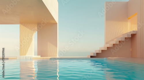 This abstract landscape features geometrical forms in natural daylight and a swimming pool with a minimal background.