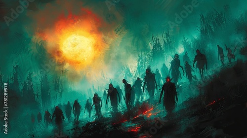 Zombie crowd at night, halloween concept illustration