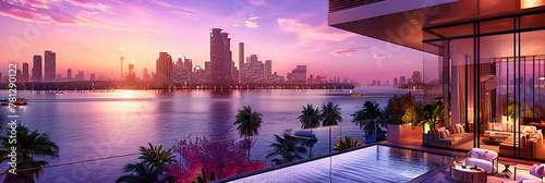 Sunset Over Dubais Skyline, Majestic View of Skyscrapers Along the Waterfront, Urban Luxury and Modernity photo