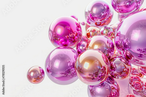 Abstract 3D group of pink spheres of different sizes on white background.