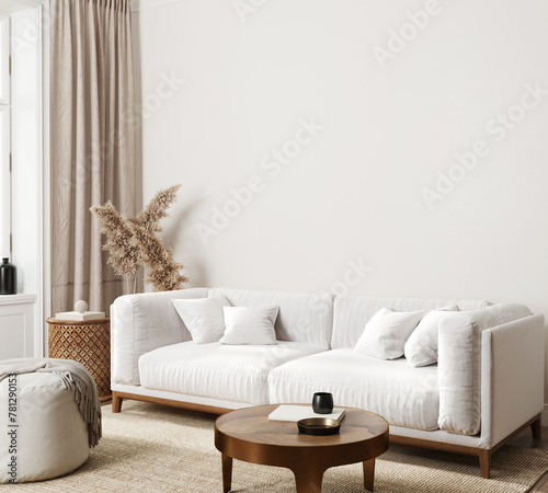 Home interior background, modern living room, blank wall, 3D render