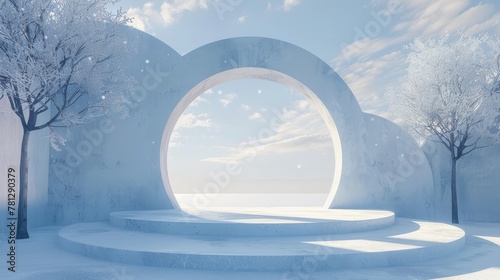 Winter scene with geometric forms and a podium with natural light. The background is minimal and surreal in appearance.