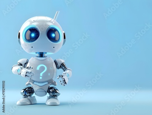 Positive cute baby robot a robot with question mark , confused robot , cute background ,copy space for text © Valentin