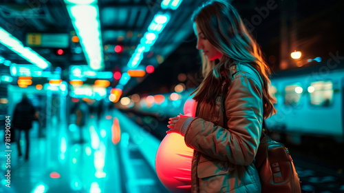 Expectant mother at a train station, embracing her belly, highlighting the anticipation of motherhood. Banner. Copy space photo