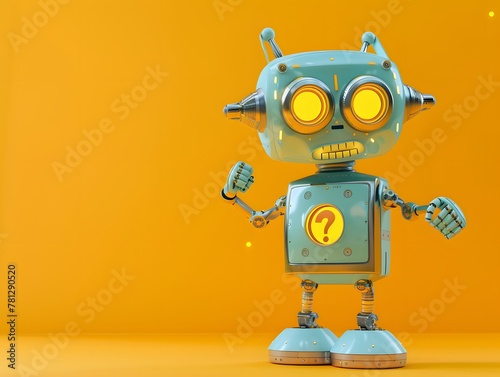 Positive cute baby robot a robot with question mark , confused robot , cute background ,copy space for text