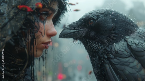 Future girl and bird look into each other's eyes, illustration painting of night city streets