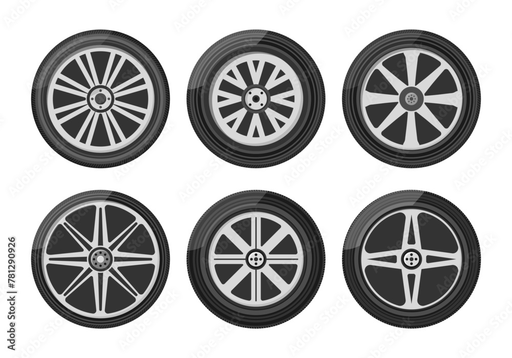 Set of car wheels icon. A wheel tyre for the car and the motorcycle and the truck and the SUV. Round and transportation, automobile equipment, vector illustration in flat design