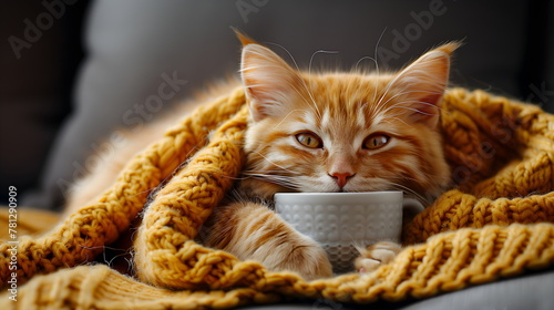 Cute orange cat wrapped in a warm blanket. A sick kitten under a blanket drinks a hot drink on the sofa. The concept of cozy autumn winter evenings in Hugo style.
