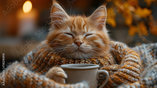 Cute orange cat wrapped in a warm blanket. A sick kitten under a blanket drinks a hot drink on the sofa. The concept of cozy autumn winter evenings in Hugo style.