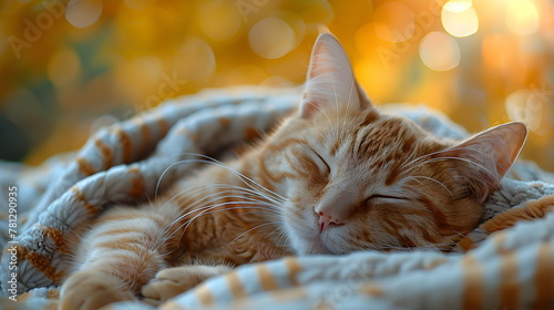 A domestic ginger cat sleeps on a soft bed under a wool blanket, against the backdrop of an autumn forest. Warm cozy autumn horizontal banner