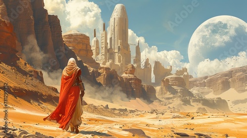 The desert is turned into a sci-fi landscape, illustration digital painting photo
