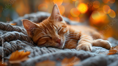 A domestic ginger cat sleeps on a soft bed under a wool blanket, against the backdrop of an autumn forest. Warm cozy autumn horizontal banner