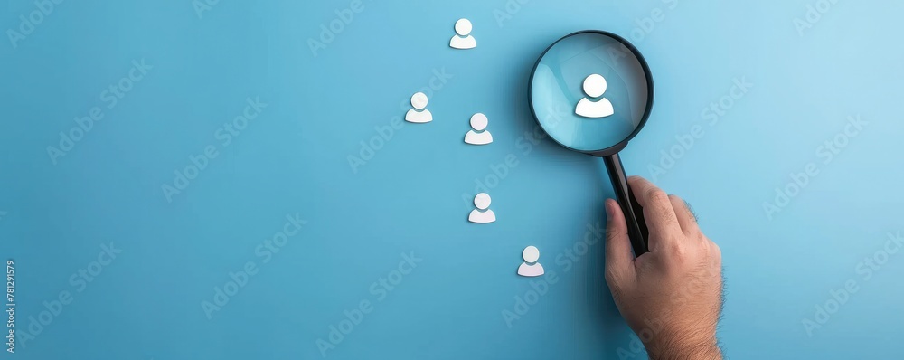 Fototapeta premium A hand holding magnifying glass over target and people icon on blue background, focusing or choosing the right person for business development