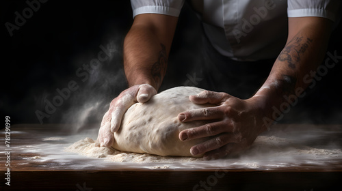Handsome strong male hands with tattoo knead dough for pizza or bread. The concept of baking by a chef photo