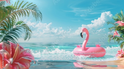 Float for the pool made of pink inflatable flamingos. 3D rendering of summer beach scene. © Mark