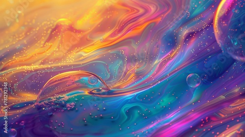The background is an abstract 3D art background. Holographic floating liquid blobs and soap bubbles.