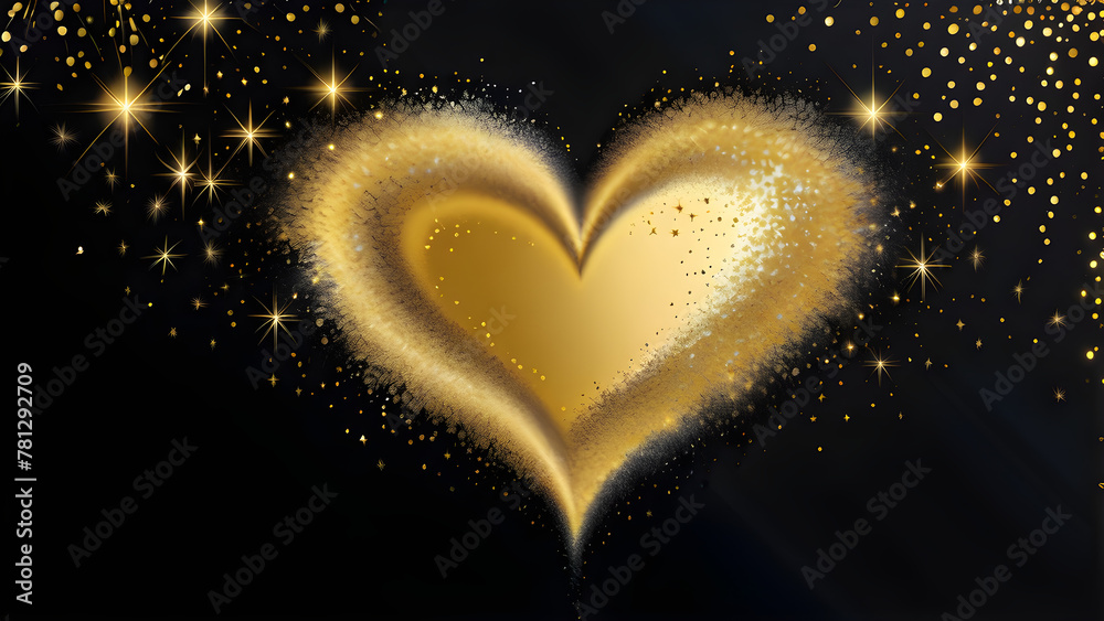 Shimmering Gold Heart on Black Background, Gleaming Gold Heart Amidst Darkness, Radiant Golden Heart Sparkling in the Dark, Glittering Gold Heart against Black Backdrop(Generative AI)