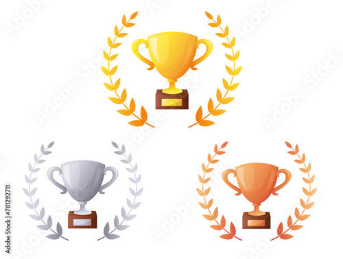 Cartoon golden silver bronze metallic trophy cup set with laurel wreath isolated vector illustration