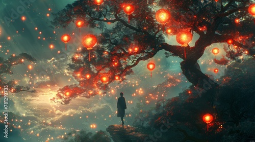 An illustration painting of a man walking on a tree branch with many red lanterns in the background  in a digital art style
