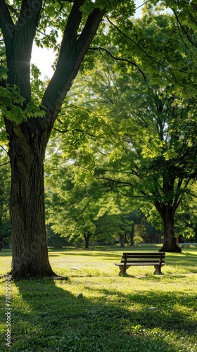 A sunny park with wooden bench under large trees in the background