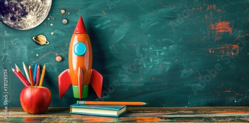 School rocket with color pencils and books on the table, green chalkboard background