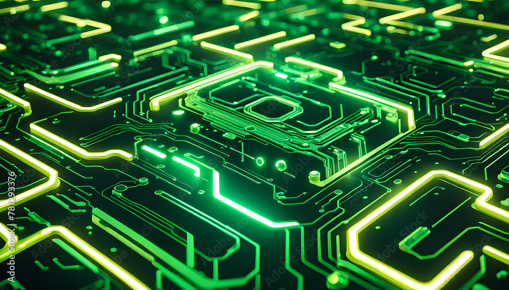 Technik Hintergrund Vorlage für technische Daten Analyse Überwachung Computer Chip Design Makro Prozessor Hardware Mikrochip Leiter Bauteile Platine hoch modern in grün gelb leuchtend fließende Ströme Technik Hintergrund Vorlage für technische Daten Analyse Überwachung Computer Chip Design Makro Prozessor Hardware Mikrochip Leiter Bauteile Platine hoch modern in grün gelb leuchtend fließende Ströme