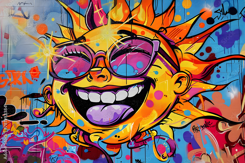 smiling sun graffiti on the wall