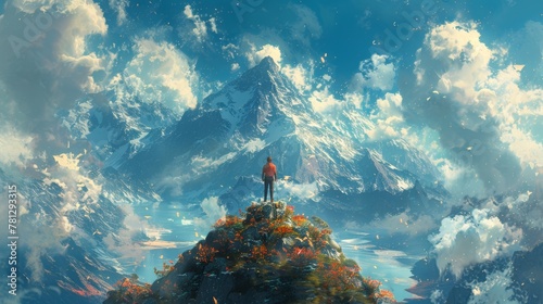A man stands on a rock in a world without gravity, digital art style, illustration painting photo