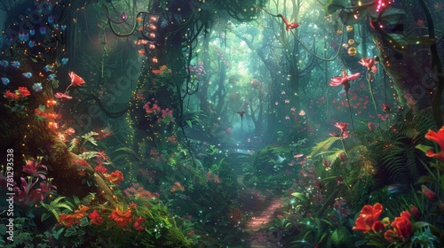Enchanted Forest Path with Mystical Lights and Colorful Flora. © Oksana Smyshliaeva