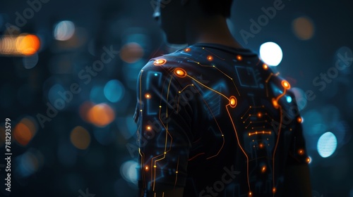 A person wearing smart clothing embedded with sensors that communicate with AI systems. 