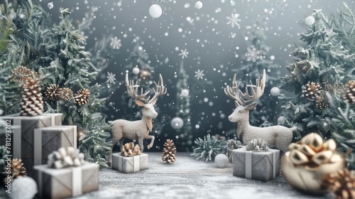 Reindeer decoration for a winter Christmas scene. 3D rendering.