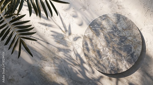 3D rendering of natural stone plate with foliage shadow background. Flat lay. Top view.