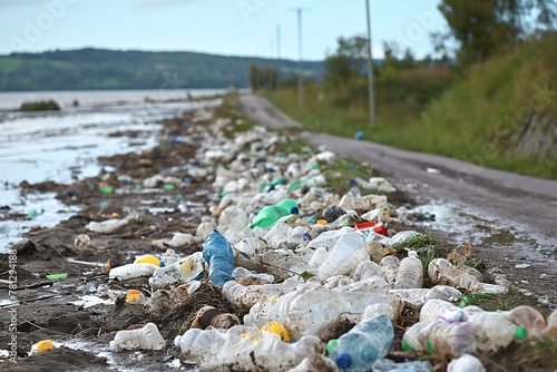 Various trash items scattered and piled up on the side of a road, contributing to plastic landfill pollution.