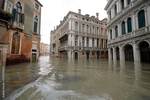 A Venice street submerged in water with buildings in the background, depicting flooding in an urban area.