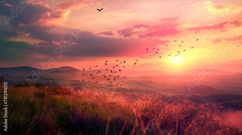 A flock of birds soaring through the sky over a vibrant green hillside during sunset. photo
