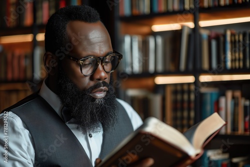 Afro American bearded man reading a book in a library. photo
