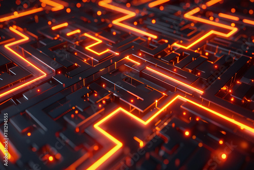 Neon Circuit Maze Intricate Pathways of Glowing Orange Lines in Dark Ambiance