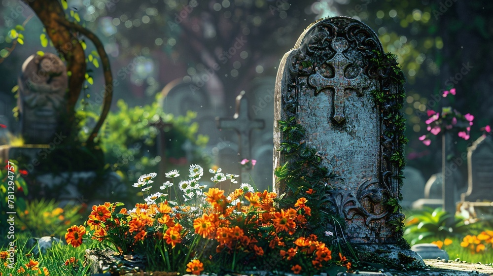 Obraz premium A serene cemetery scene featuring a tombstone with floral decorations.