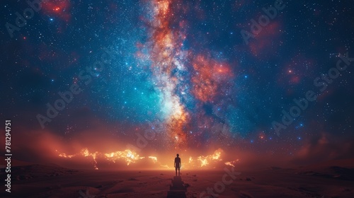 A young man stands on the desert and looks up into the night sky. Digital illustration painting style photo