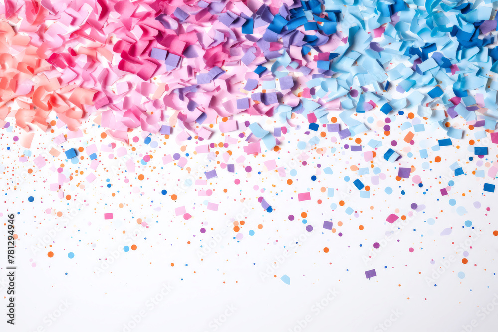 Pastel ribbons and confetti on white background