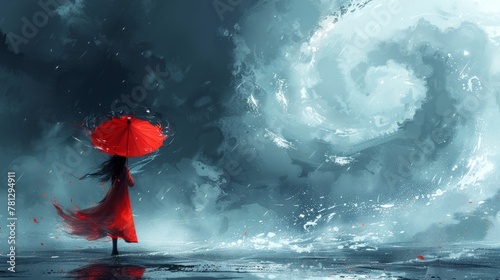 An illustration painting of a girl with a red umbrella making swirls of water in the sky, digital art style