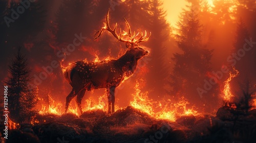 An illustration painting of a deer with fire horns standing on rocks in the midst of a forest fire in digital art style