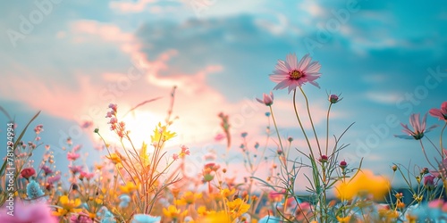Colorful wildflowers with the sun shining behind them. © Ajay