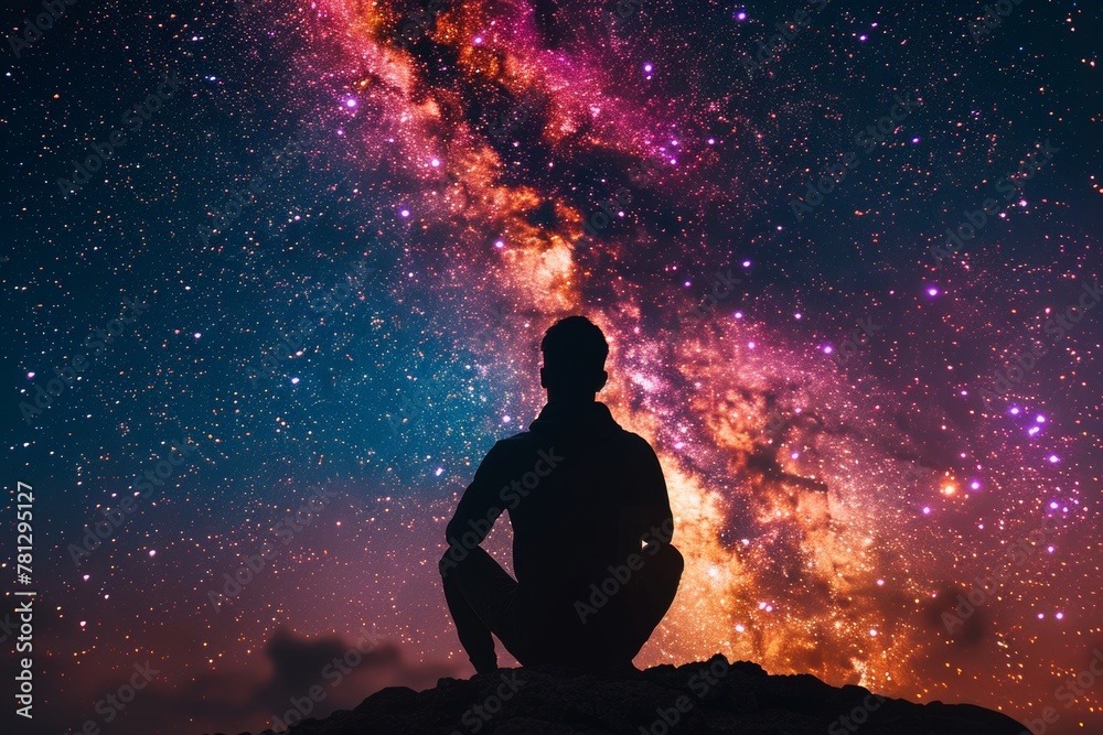 Man Sitting on Hill Under Starry Night Sky