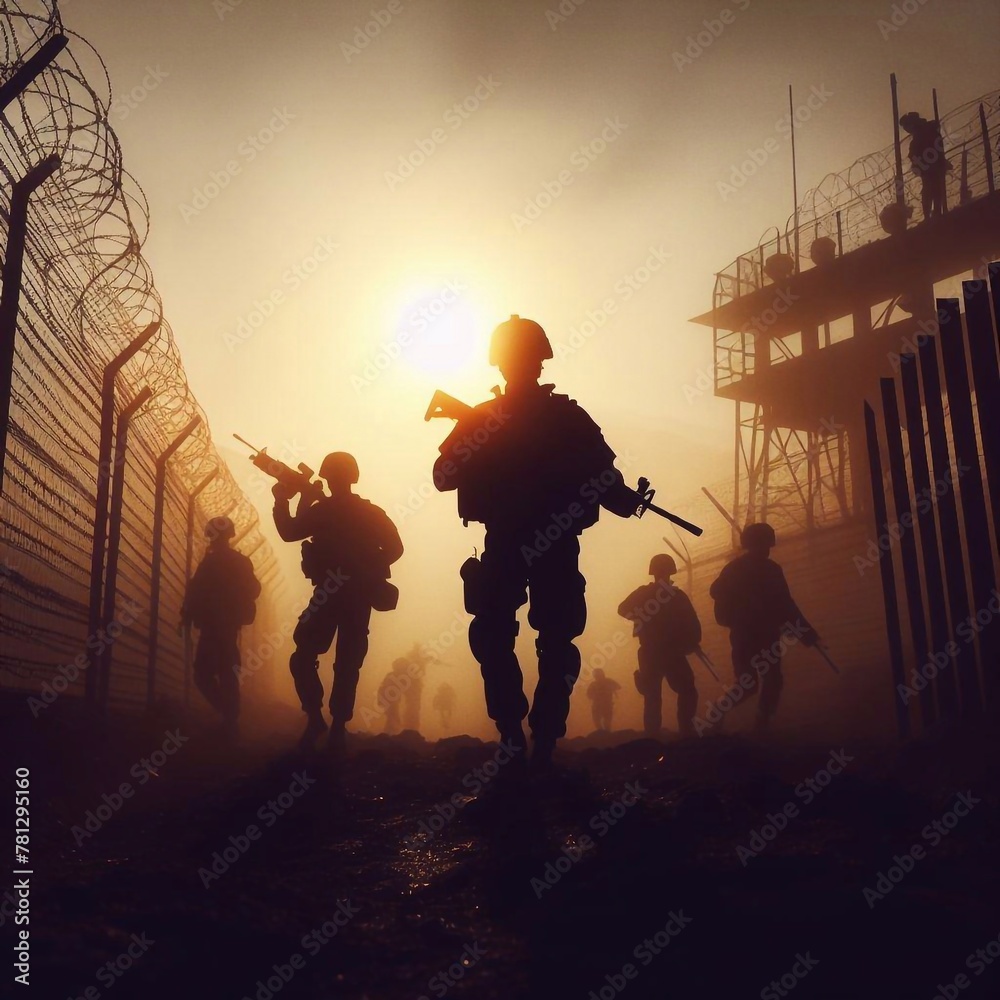 Soldier are seen in silhouette after breaching a border fence on the border