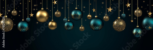 Festive hanging Christmas baubles on dark backdrop