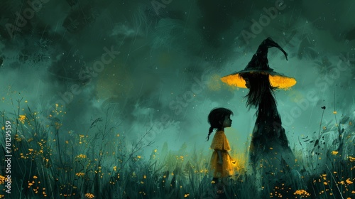 A little girl and a witch stare at each other in a forest, digital art style, illustration painting