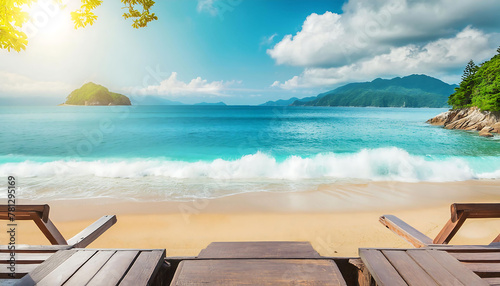 Beautiful sandy beach with blur sky and tree summer