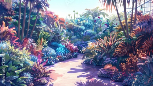 Lush Fantasy Garden Path with Vibrant Flora and Ethereal Light.